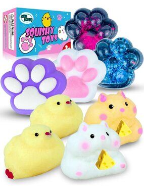 Squishy Toy Set - 4 Cat Paws, 2 Chick, 2 Hamster - Stress Relief & Fidget Fun!